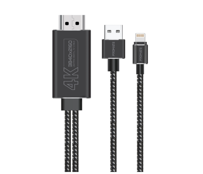 Promate 1.8m Anti-Tangle Braided Cable Lightning Connector to HDMI Cable - Black - Zoom Image 1