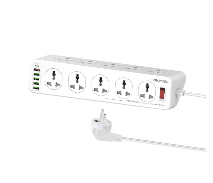 Promate Heavy-Duty Universal 10 Way Outlets 20Watts USB-C 3Meter Cord Power Plug Extension Power Strip EU Plug - White - Zoom Image