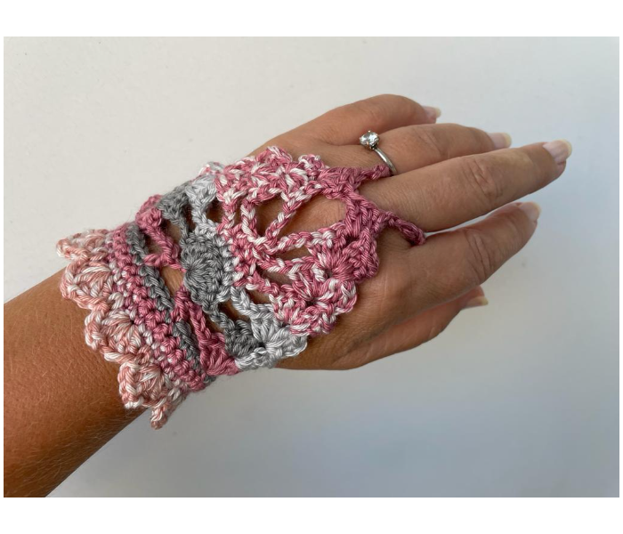 Crochet Handmade Set of 2 Piece Fingerless Gloves - Pink And Grey - Zoom Image 4