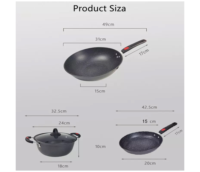 Set of 3 Piece Beautiful Maifan Stone Cookware Set - Black - Zoom Image 2