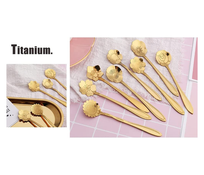 Set of 4 Piece Flower Design Dessert Spoon - Gold - Zoom Image 3