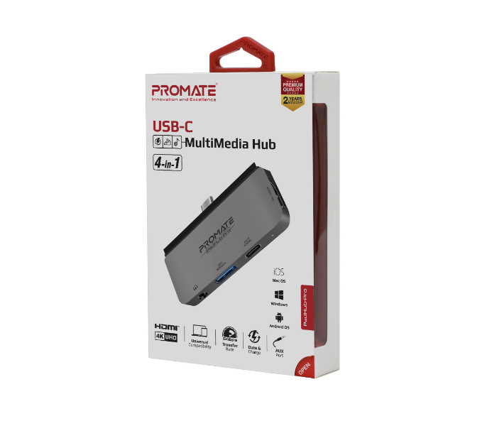 Promate 4-in-1 100Watts Multi-Media Type-C Hub Adapter - Grey - Zoom Image 4