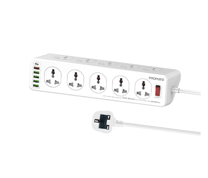 Promate 4 USB Ports 10 AC Outlets 20Watts USB-C 5Meter Cord Power Strip UK Plug  - White - Zoom Image