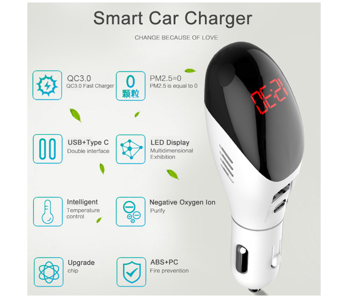 Multi-Function 3 In 1 Vehicle Air Purifier Charger - White - Zoom Image 5