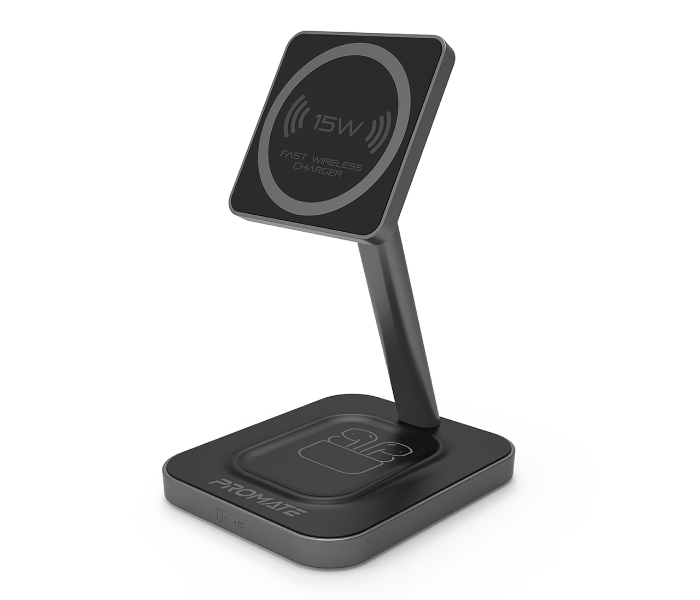 Promate 2-in-1 Mag-Safe 15Watts Fast Magnetic Wireless Charger for iPhone 12 - Grey - Zoom Image 1