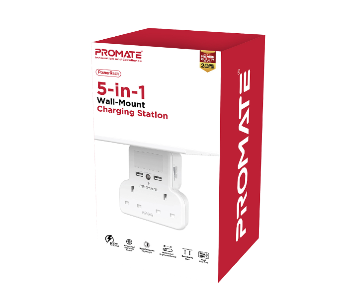 Promate Dual 3250Watts AC Outlets Sensor LED Night Light 5-in 1 Wall Mount Charging Station UK - White - Zoom Image 6