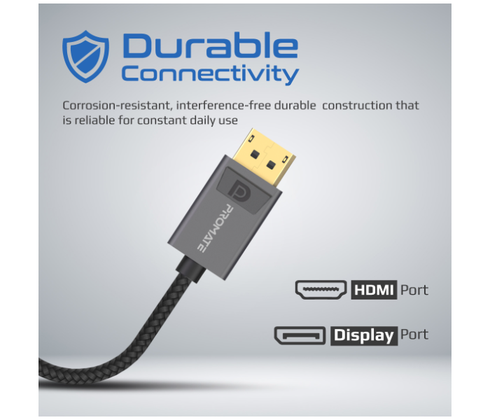 Promate DisplayPort to HDMI Adapter with 4k Resolution Nylon Cable - Grey - Zoom Image 4