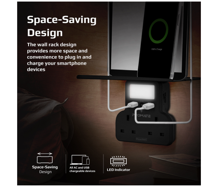 Promate Dual 3250Watts AC Outlets Sensor LED Night Light 5-in 1 Wall Mount Charging Station UK - Black - Zoom Image 3