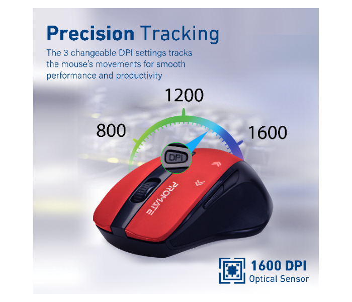 Promate 1600DPI Wireless Mouse - Red - Zoom Image 4