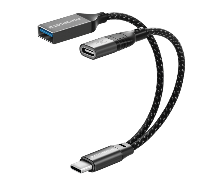 Promate 45Watts Durable Nylon Braided USB-C OTG Media Adapter - Black - Zoom Image 1