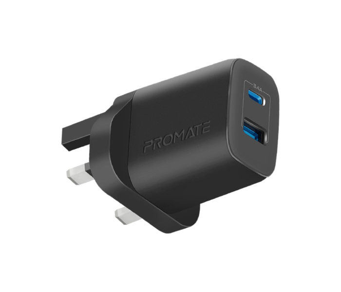 Promate USB-C Adapter Universal 17Watts Multi-Port UK Wall Charger - Black - Zoom Image 1