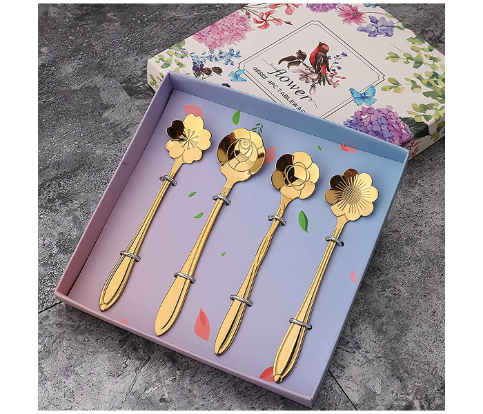 Set of 4 Piece Flower Design Dessert Spoon - Gold - Zoom Image 2