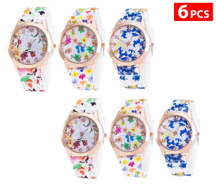 Set of 6 Floral Dial Silicone Band Analog Watches for Women - Zoom Image