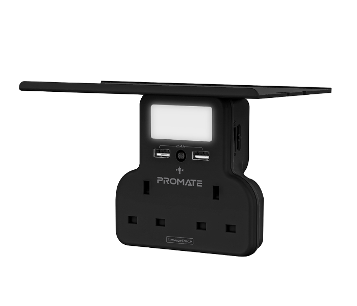 Promate Dual 3250Watts AC Outlets Sensor LED Night Light 5-in 1 Wall Mount Charging Station UK - Black - Zoom Image 1