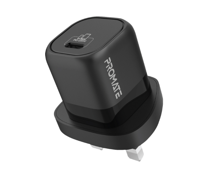 Promate Ultra-Compact 25Watts GaN USB-C Fast-Charging Short-Circuit Protection UK Wall Charger - Black - Zoom Image 1