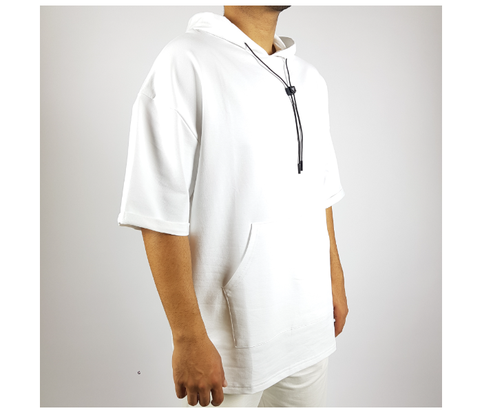 Solid Oversize Large Hoodie With Shorts Sleeves And Pocket For Men - White - Zoom Image 3