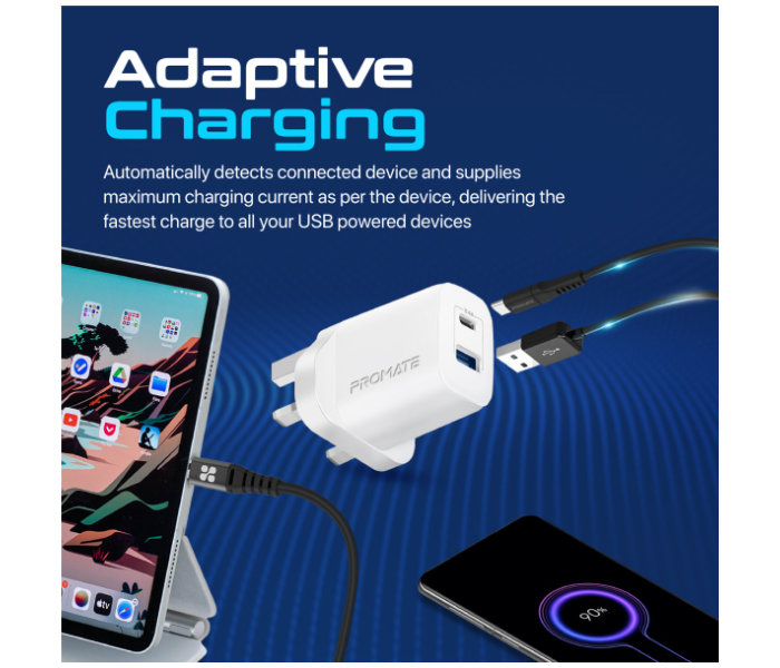 Promate USB-C Adapter Universal 17Watts Multi-Port UK Wall Charger - White - Zoom Image 4