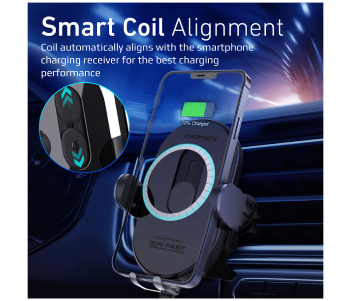 Promate 15Watts Qi Auto-Clamping Dashboard Air Vent Fast Charging Wireless Car Charger - Black - Zoom Image 3