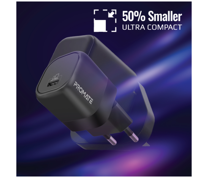 Promate Ultra-Compact 25Watts GaN USB-C Fast-Charging Short-Circuit Protection EU Wall Charger - Black - Zoom Image 6