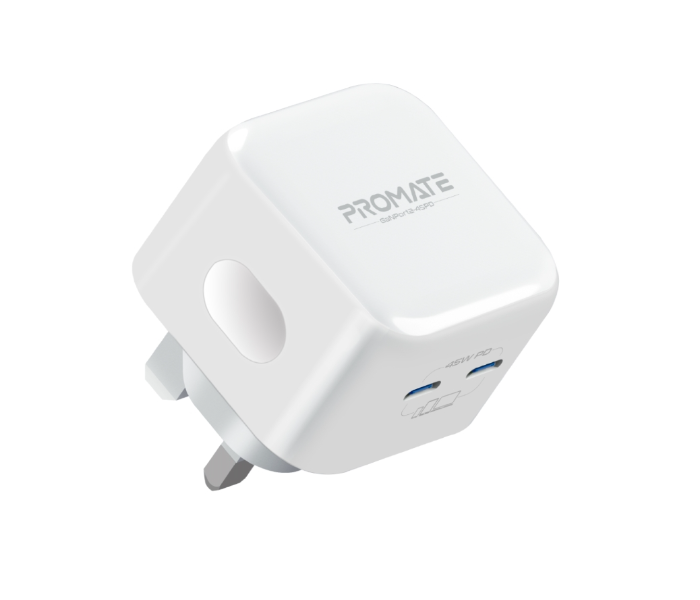 Promate 45Watts GaN Power Delivery Ports and Short-Circuit Protection Dual USB-C Charger - White - Zoom Image 1