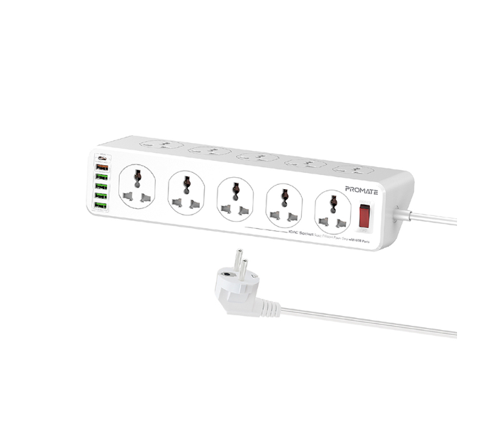 Promate 4 USB Ports 10 AC Outlets 20Watts USB-C 5Meter Cord Power Strip EU Plug  - White - Zoom Image