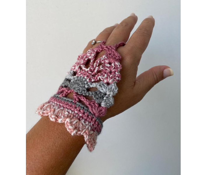 Crochet Handmade Fingerless Gloves - Pink And Grey - Zoom Image 3