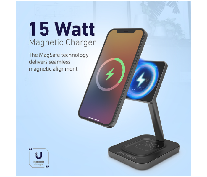 Promate 2-in-1 Mag-Safe 15Watts Fast Magnetic Wireless Charger for iPhone 12 - Grey - Zoom Image 2