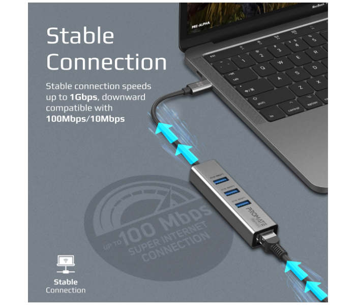 Promate Multiport USB-C Hub with Ethernet Adapter - Grey - Zoom Image 4