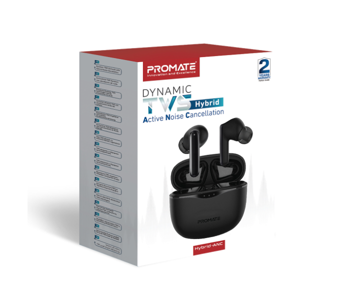 Promate Hybrid Active Noise Cancelling Bluetooth Water Resistance True Wireless Earbuds - Black - Zoom Image 7