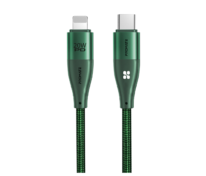 Promate Fast Charging 20Watts 1.2Meter Anti-Tangle USB-C to Lightning Cable - Midnight Green - Zoom Image 2