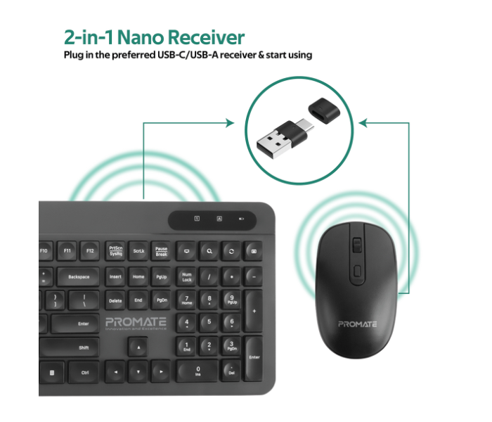 Promate USB-C Wireless Ergonomic Keyboard and Mouse Combo - Black - Zoom Image 7