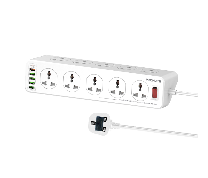 Promate Heavy-Duty Universal 10 Way Outlets 20Watts USB-C 3Meter Cord Power Plug Extension Power Strip UK Plug - White - Zoom Image