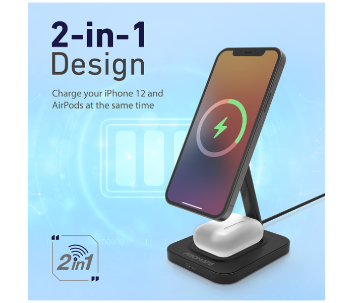 Promate 2-in-1 Mag-Safe 15Watts Fast Magnetic Wireless Charger for iPhone 12 - Black - Zoom Image 8