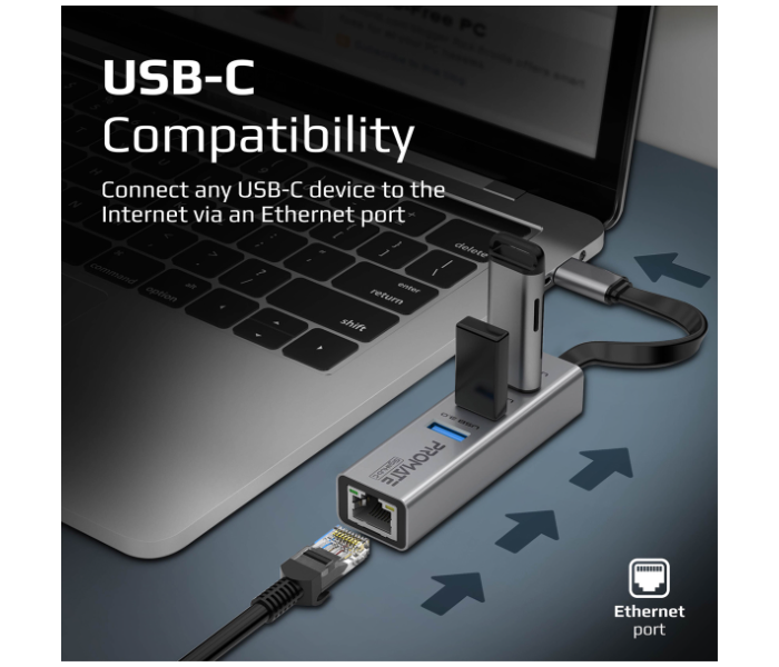 Promate Multiport USB-C Hub with Ethernet Adapter - Grey - Zoom Image 3