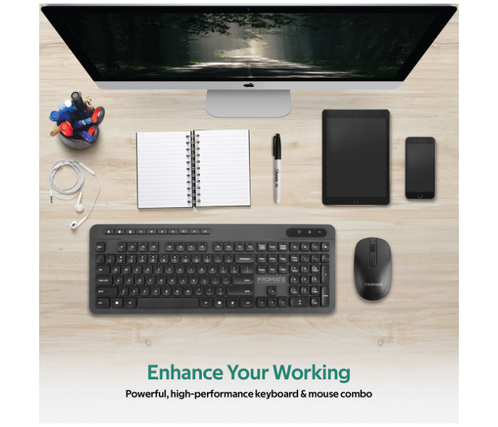 Promate USB-C Wireless Ergonomic Keyboard and Mouse Combo - Black - Zoom Image 2