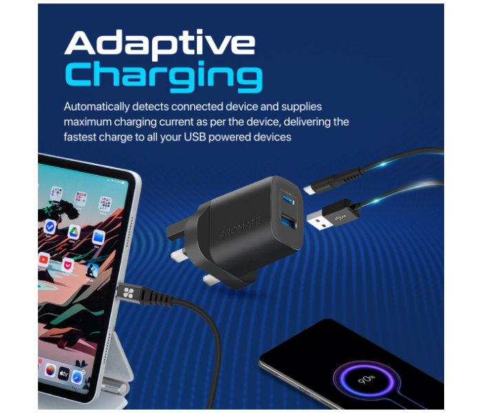 Promate USB-C Adapter Universal 17Watts Multi-Port UK Wall Charger - Black - Zoom Image 4