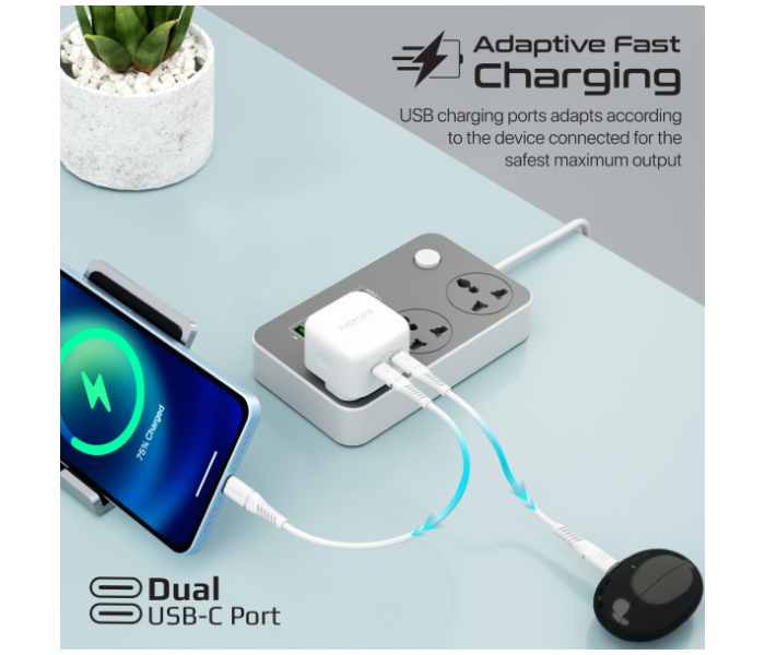 Promate 45Watts GaN Power Delivery Ports and Short-Circuit Protection Dual USB-C Charger - White - Zoom Image 5