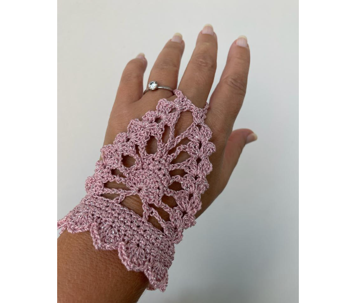 Crochet Handmade Set of 2 Piece Fingerless Gloves - Sparkly Pink - Zoom Image 1