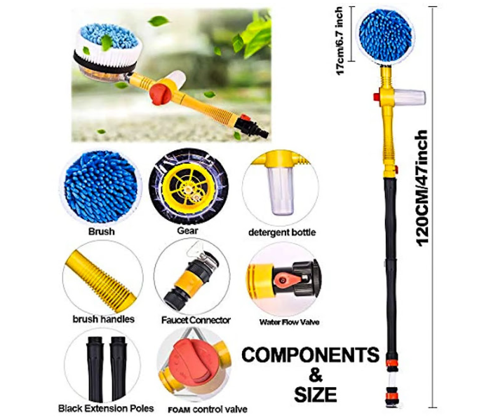 GTC 22000958 Rotating Car Wash Brush with Soap Dispenser Spin Scrubber and Long Handle for Car Washing - Black and Yellow - Zoom Image 6