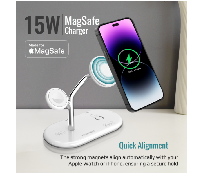 Promate 4 In 1 15Watts Stand MagSafe Charger with 24Watts PD Type-C - White - Zoom Image 4