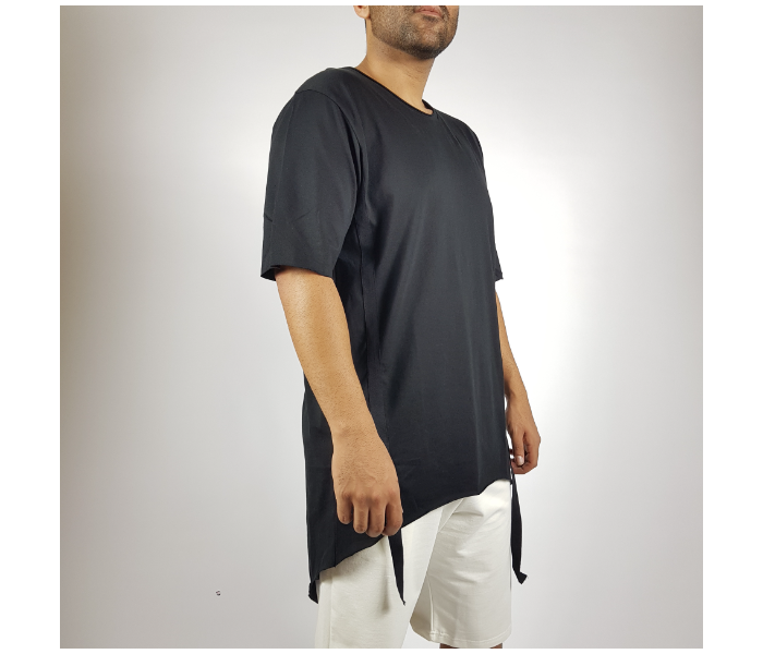 Short Sleeves Hip Hop Long Small T-Shirt With Ribbon For Men - Black - Zoom Image 1