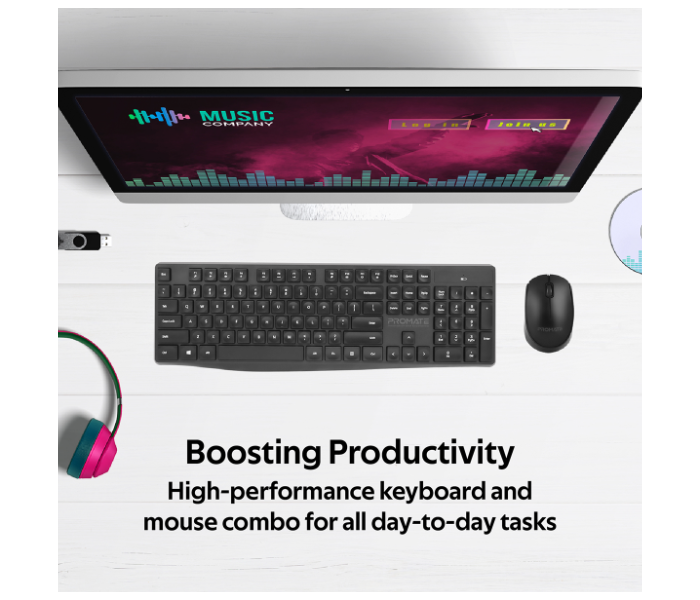 Promate Ergonomic Super-Slim Arabic English Wireless Keyboard and Mouse Combo - Black - Zoom Image 2