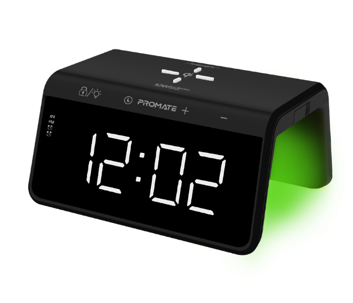 Promate Dual Alarm LED Display Clock 10Watts Digital Alarm Clock with Wireless Charging - Black - Zoom Image 1