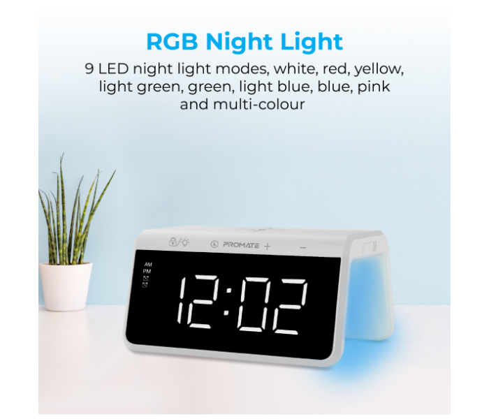 Promate Dual Alarm LED Display Clock 10Watts Digital Alarm Clock with Wireless Charging - White - Zoom Image 3