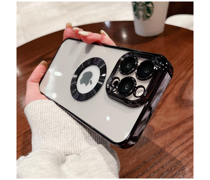 Luxury Transparent Plating Logo Hole Case Glass Camera Protector Cover for iPhone 13 Pro Max - Black - Zoom Image