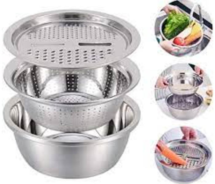 3-In-1 28cm Stainless Steel Grater and Drain Basket Washing Bowl Set- Silver-B - Zoom Image 2