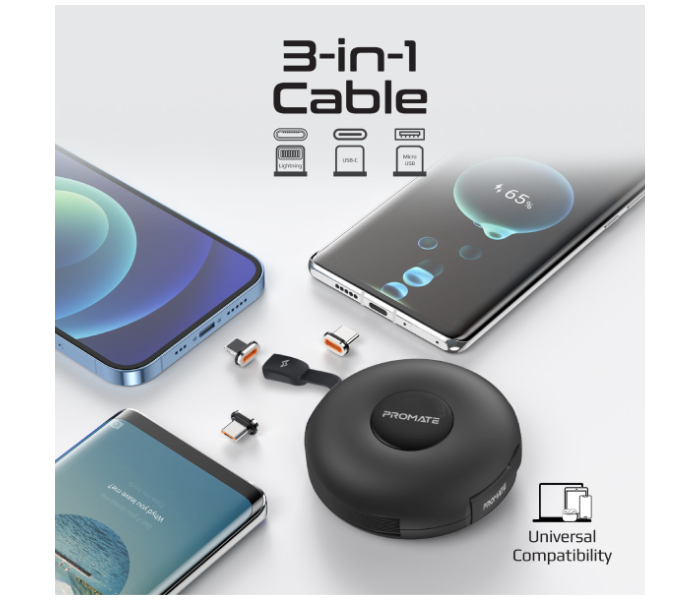 Promate 3-in-1 Retractable 60Watts USB-C Magnetic Charging Cable - Black - Zoom Image 5