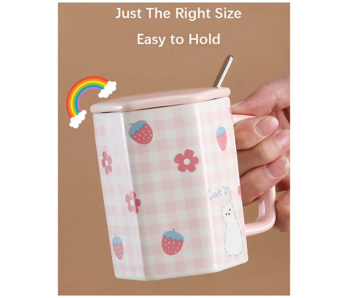 Cute 502ml Breakfast Cup Lattice Cup Lid with Spoon Pink Cat - White - Zoom Image 1