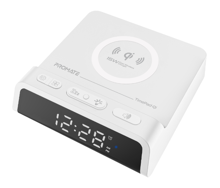 Promate 15Watts Premium LED Display Alarm Clock with Qi Wireless Charger - White - Zoom Image 1