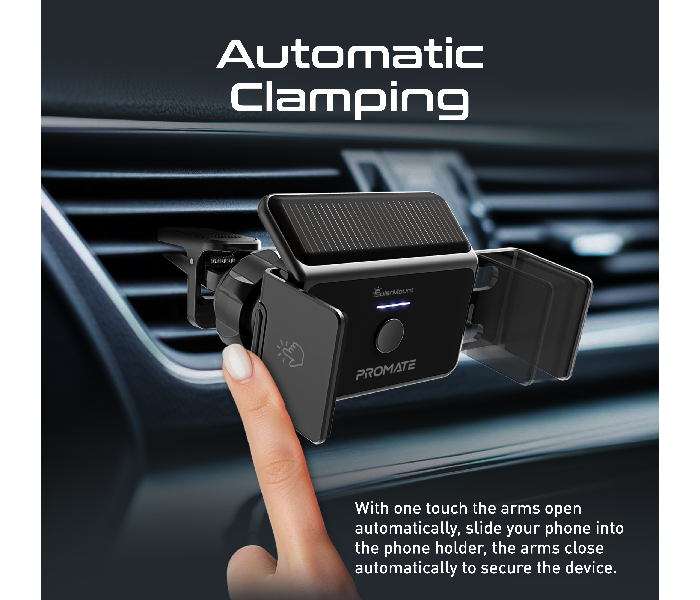 Promate Auto Clamping 360 Degree Rotation Solar Powered Car Phone Holder - Black - Zoom Image 2